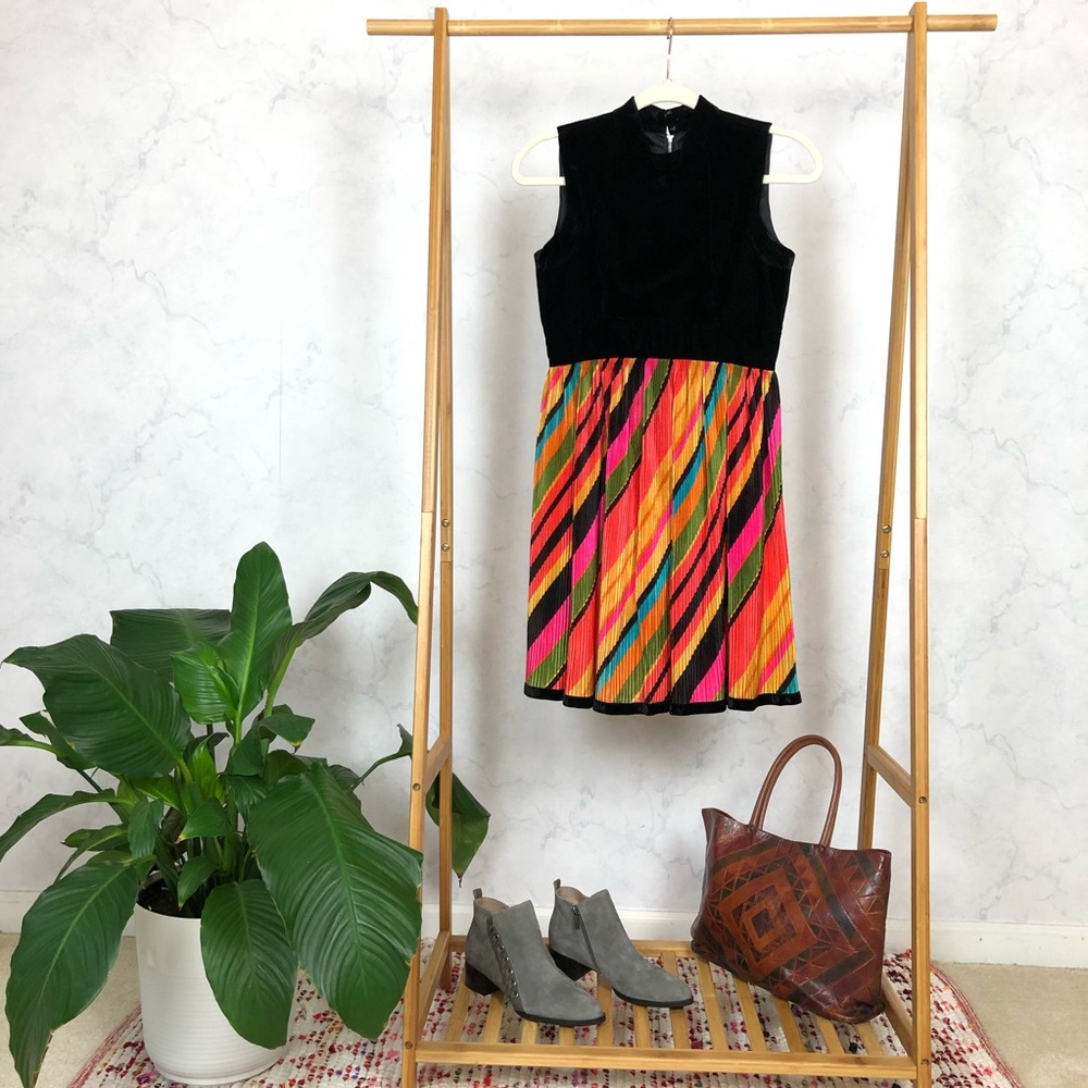 Vintage 60s Rainbow Stripe Mock Neck Prom Dress